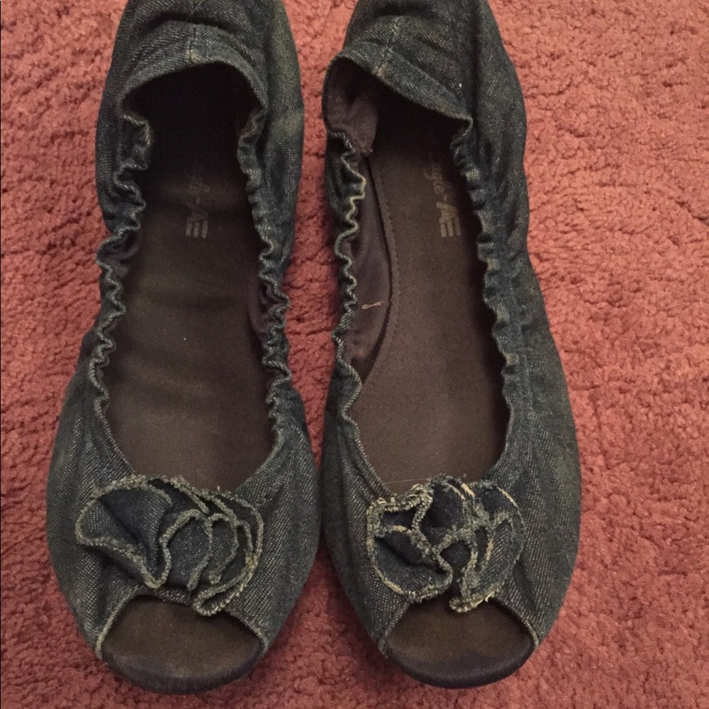 Denim peep toe flat